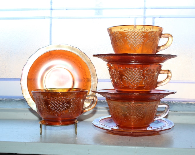 4 Vintage Normandie Bouquet & Lattice Cups and Saucers Iridescent Marigold