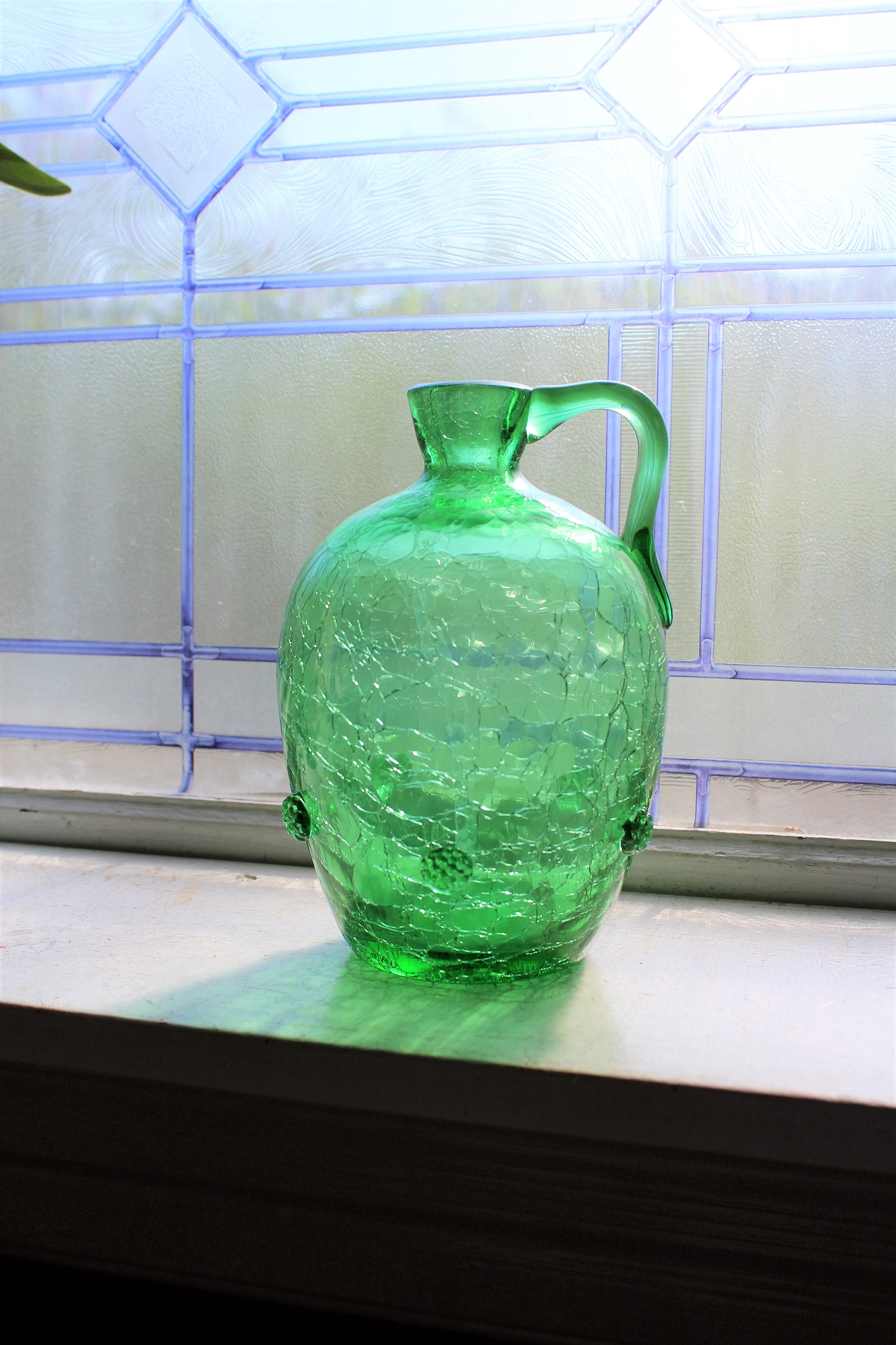Vintage Green Crackle Glass Pitcher Decanter Mid Century Barware