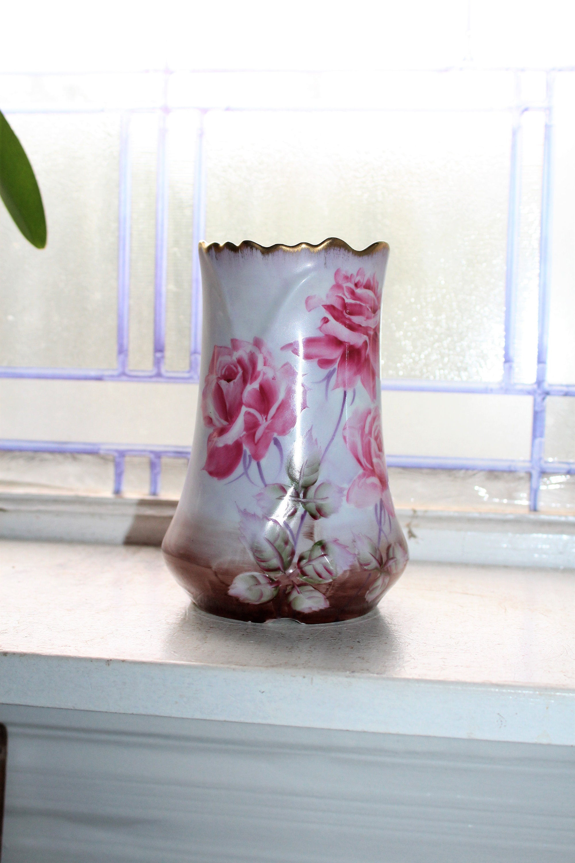 Antique 1800s Hand Painted Nippon Vase with Beautiful Pink Roses