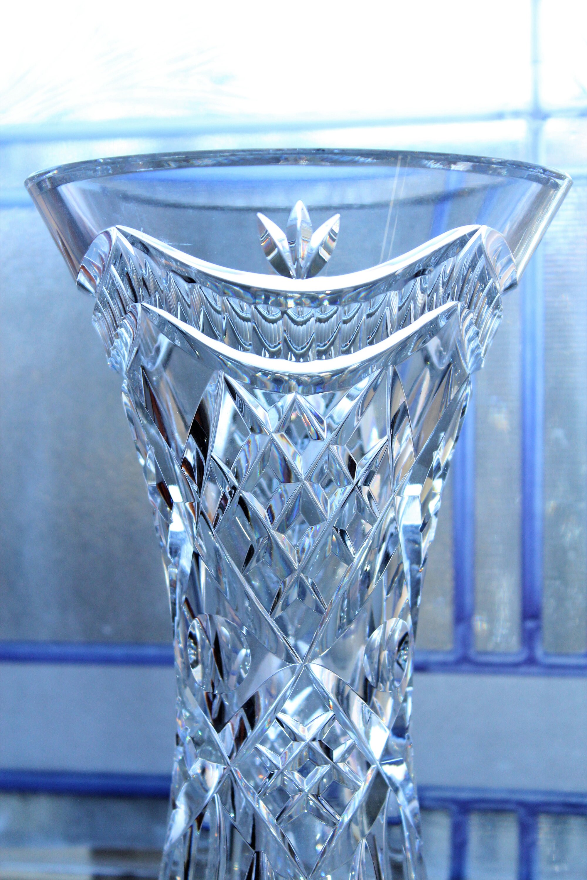 Vintage Cut Crystal Trumpet Vase Flared Top marked VNO