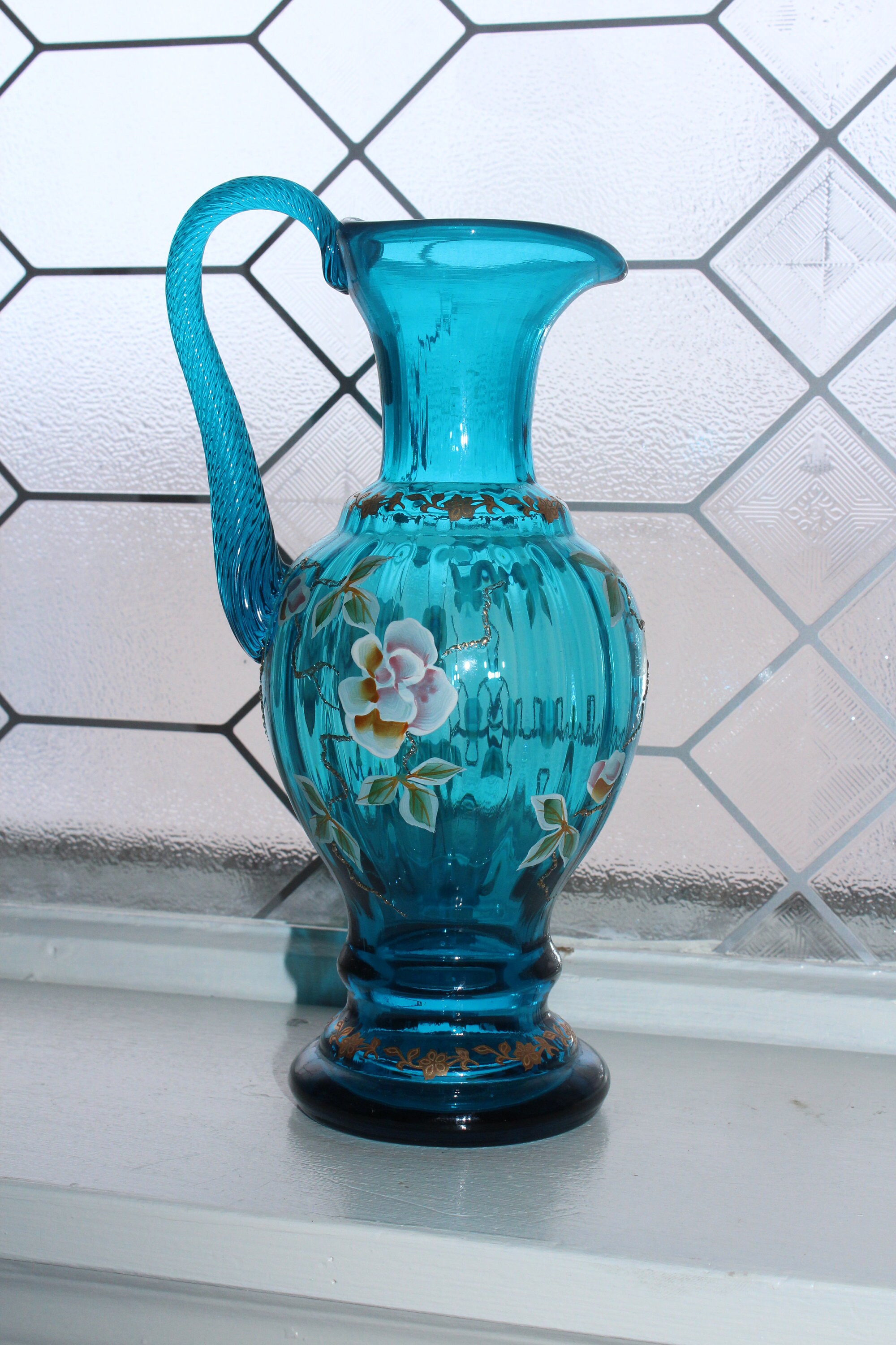 Vintage Fenton Blue Glass Pitcher Ewer Hand Painted XXI
