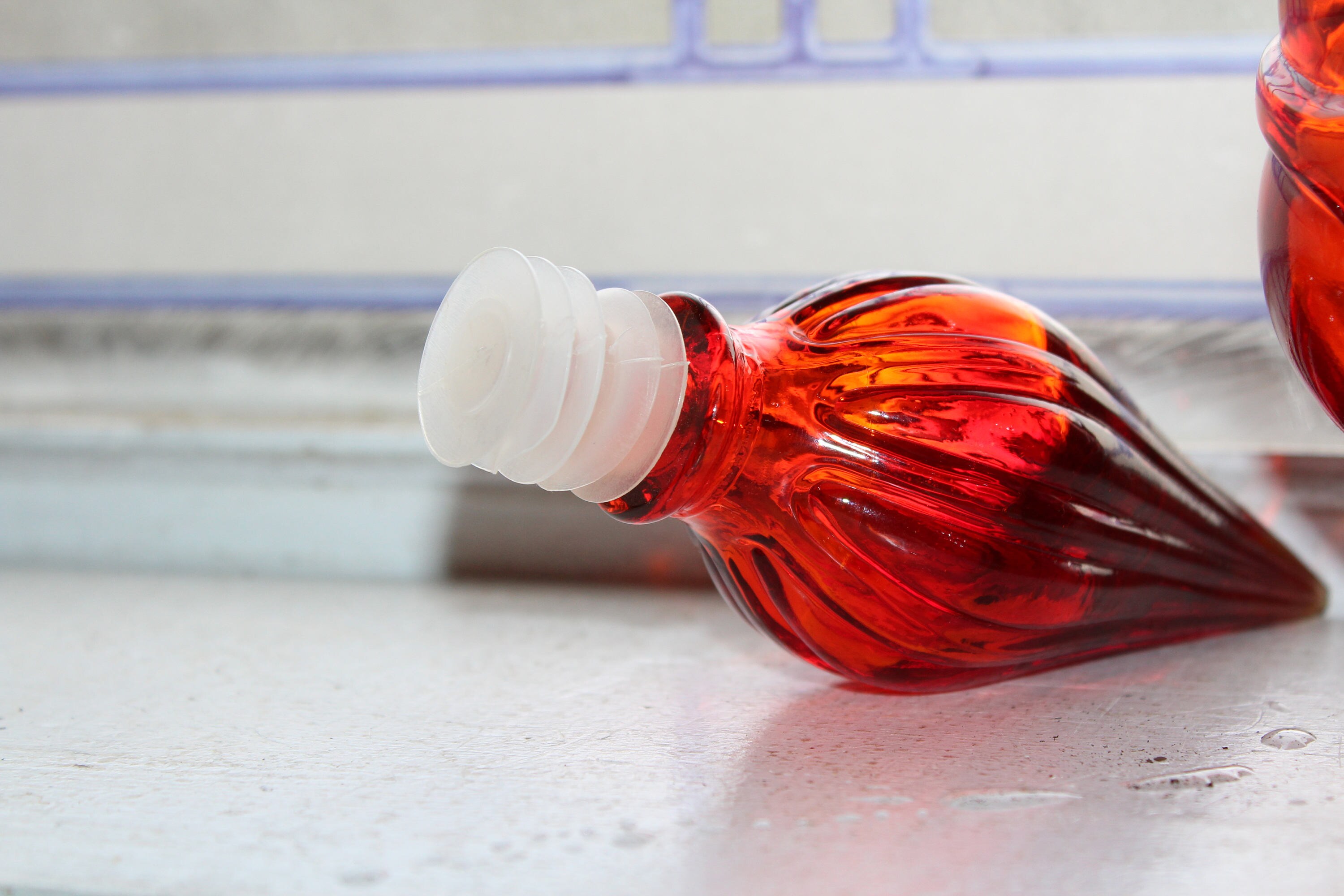 Large Amberina Orange Glass Genie Bottle Vintage 1960s Retro Decor