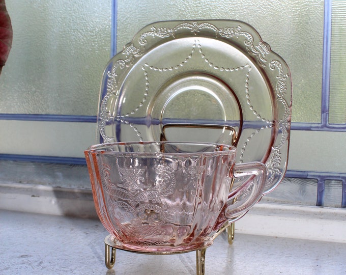 Pink Depression Glass Cup and Saucer Madrid Vintage 1930s