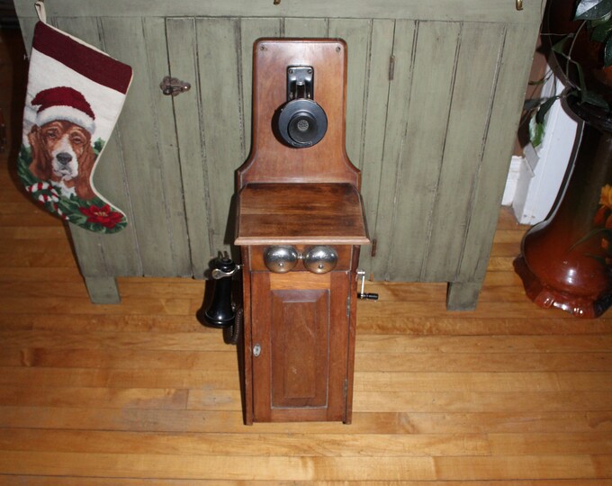 Large Antique Wood Wall Telephone Updated for Modern Use & It Works