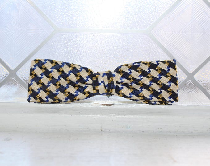 Vintage 1950s Bow Tie Blue White and Gold Houndstooth Pattern