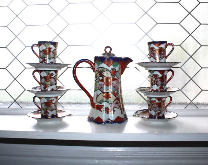 Antique Japanese Kutani Chocolate Pot with 6 Cups and Saucers Meiji Period