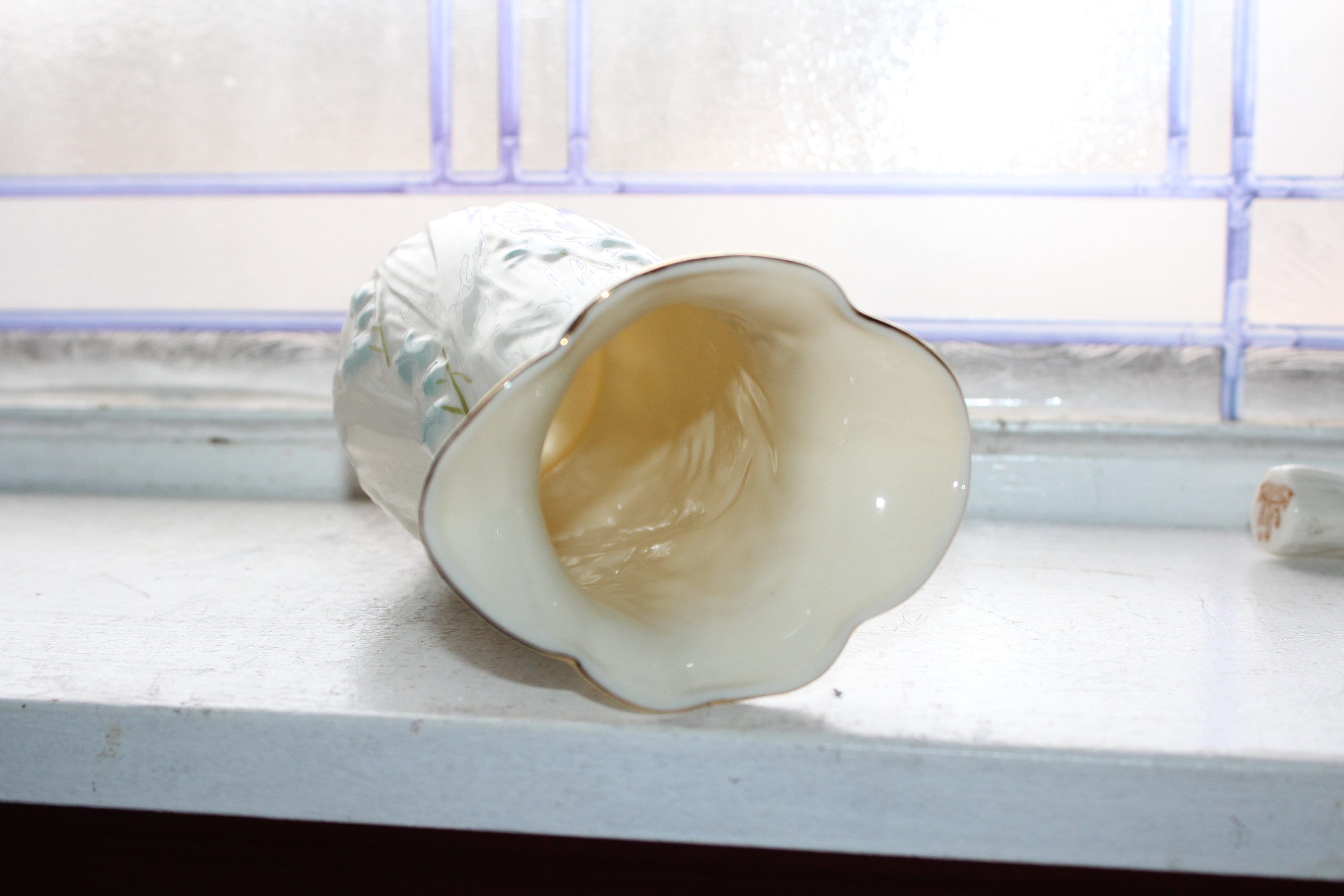 Vintage Irish Belleek Harebell Vase with Blue Bell Flowers Gold Mark