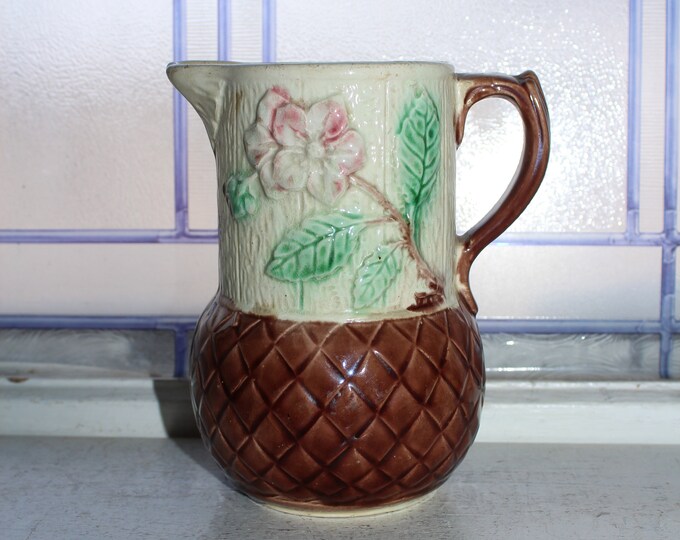 Antique Majolica Pitcher 1800s Basket Weave and Flowers