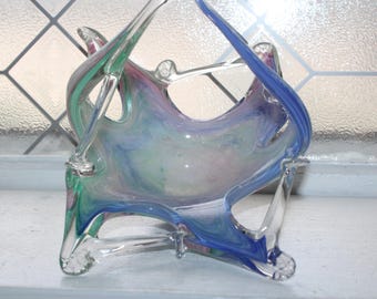 アメリカ　 murano ムラノ　イタリア　アンティークガラス　バスケット　器 ヴィンテージ ムラーノ アート ガラス バスケット ホワイト クリスタル
