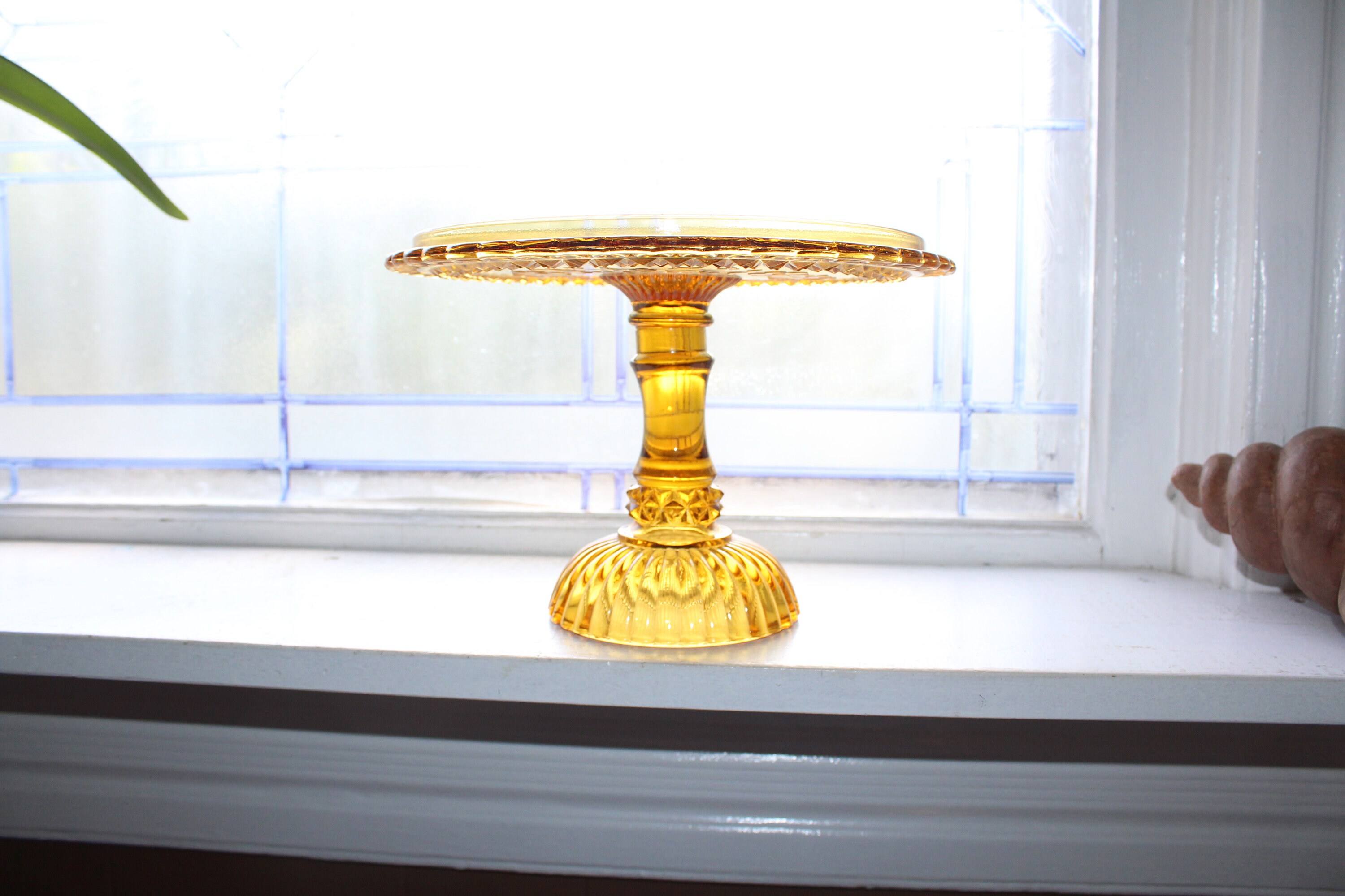 Antique Amber Glass Cake Stand Adams Wildflower Pattern Circa 1800s