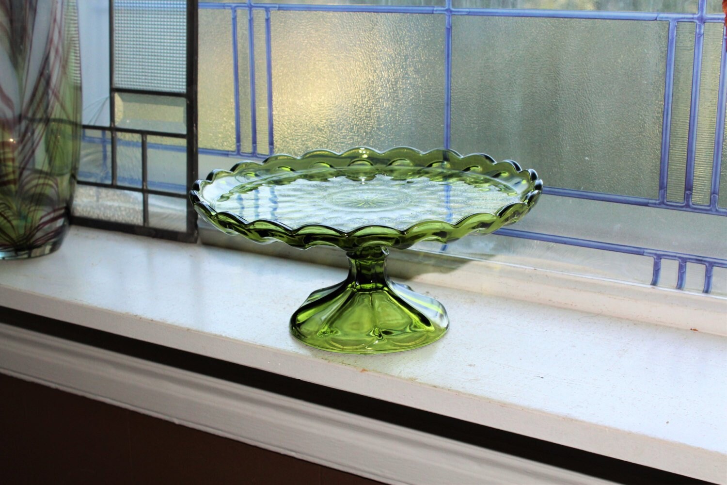 Retro Green Glass Cake Stand Avocado Green Fairfield Vintage 1960s