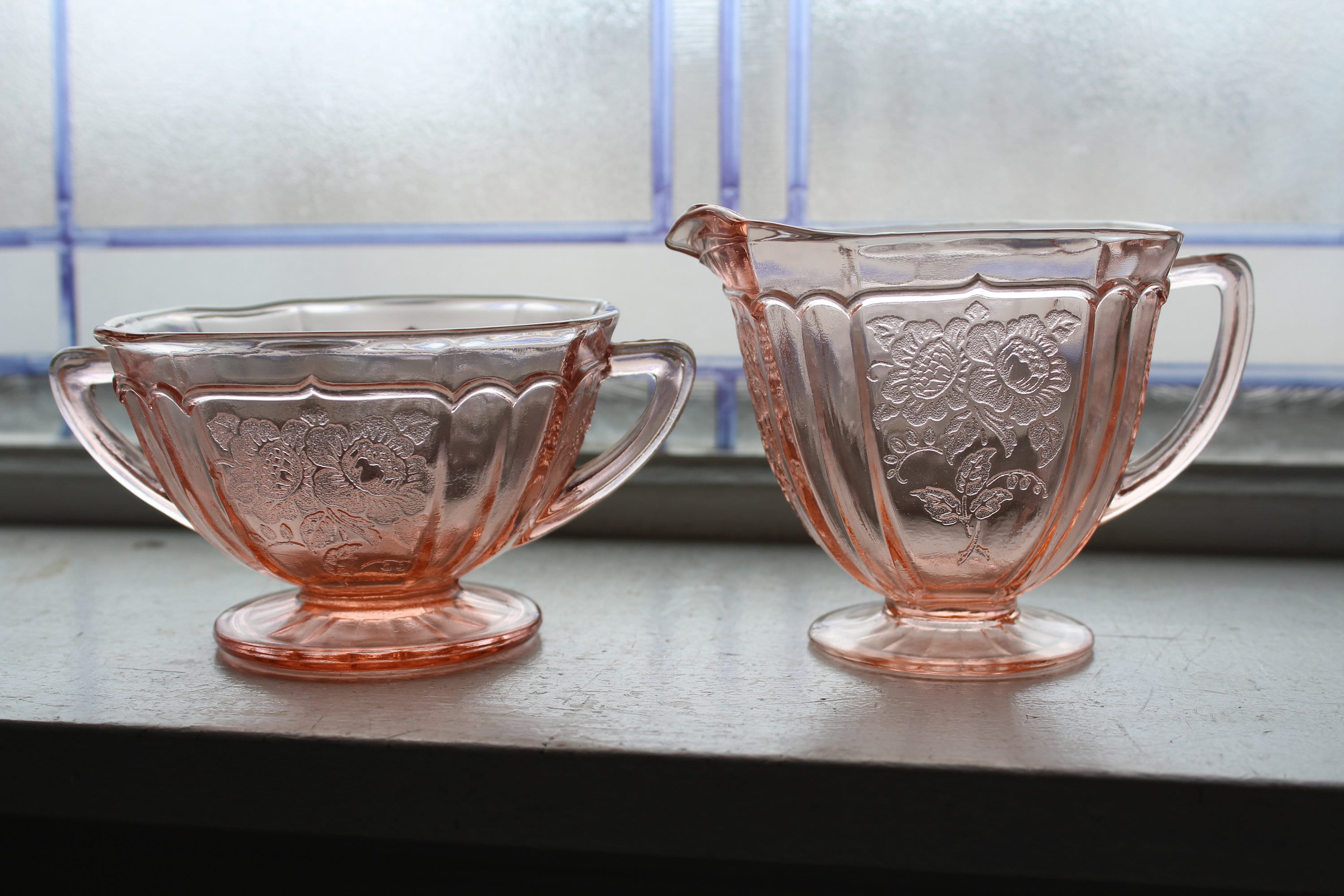 Mayfair Open Rose Creamer and Sugar 1930s Pink Depression Glass