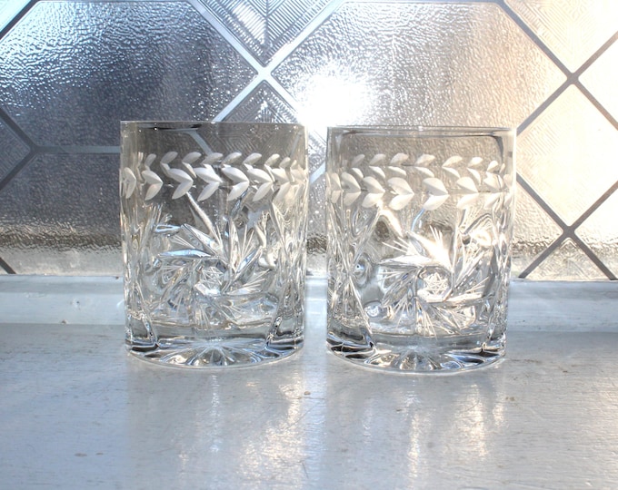 2 Vintage Cut Crystal Tumblers Old Fashioned Glasses Pinwheel Pattern