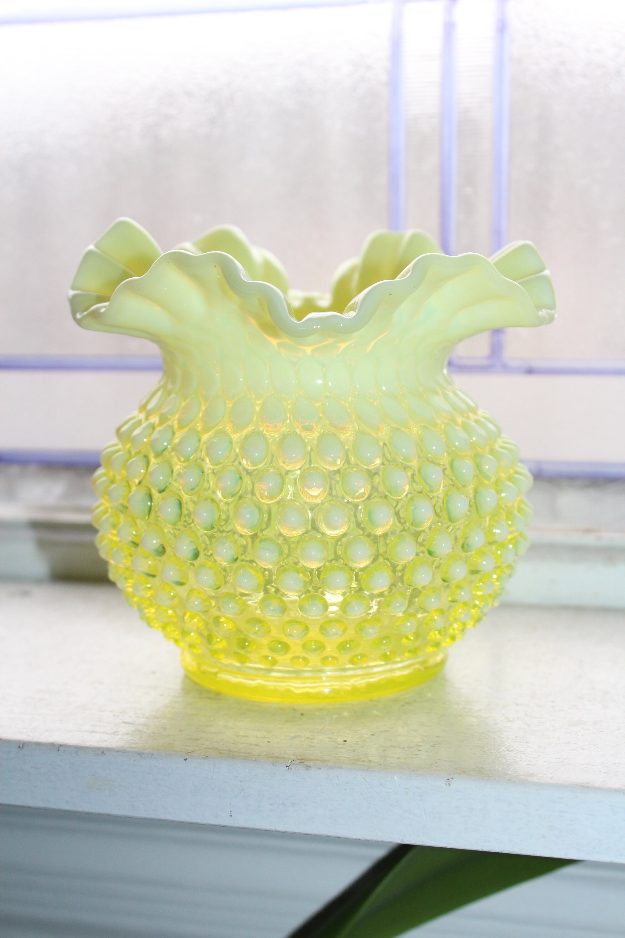 Large Fenton Yellow Vaseline Glass Hobnail Vase with Ruffled Rim