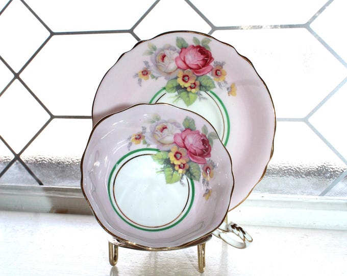 Vintage Paragon Bone China Tea Cup and Saucer Pink Cabbage Rose w/ Green Circle