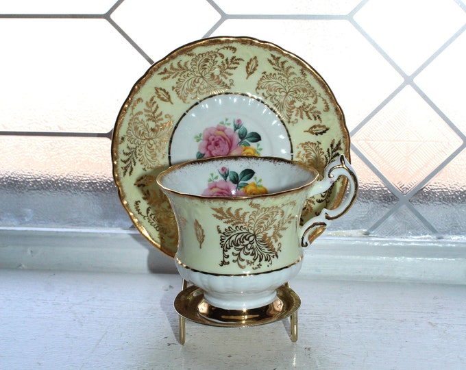 Paragon Tea Cup and Saucer Roses with Gold Lace