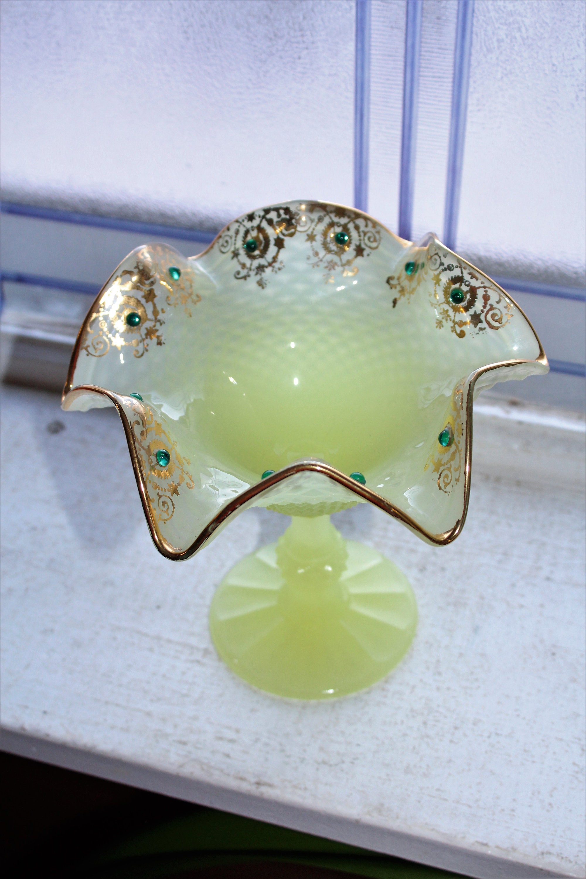 Antique Canary Yellow Vaseline Glass Jeweled Compote Diamond Point