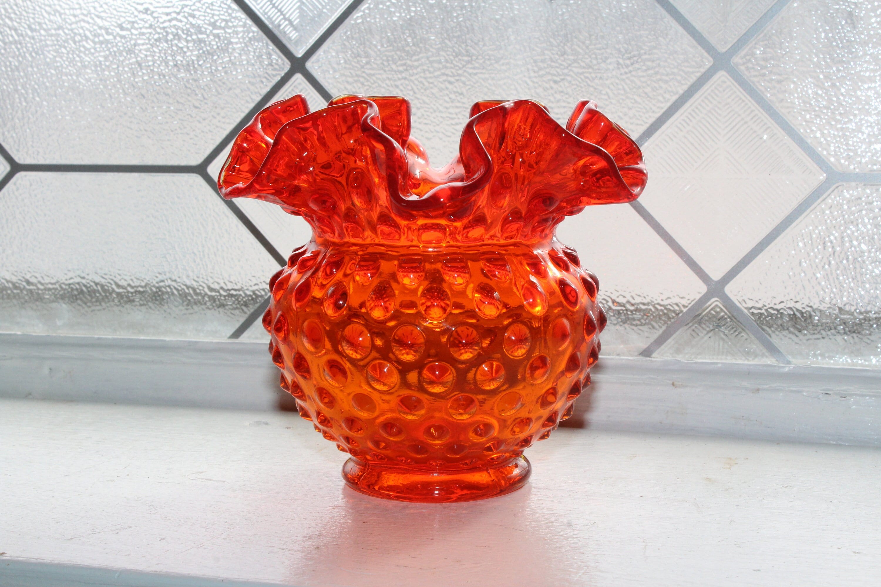 Fenton Glass Orange Hobnail Rose Bowl Vase