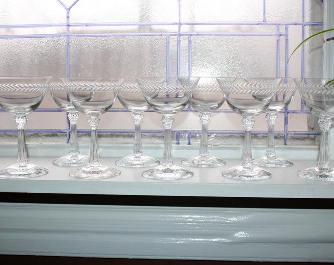 9 Wheel Cut Crystal Wine Glasses Vintage Barware