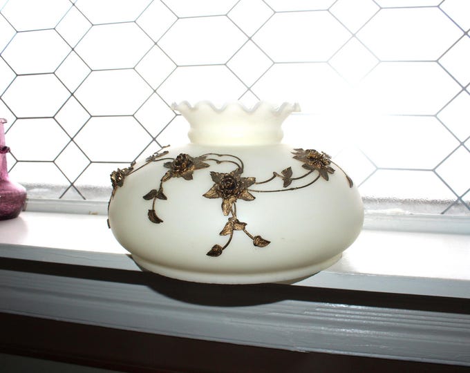 Vintage Falkenstein Milk Glass Lamp Shade w/ Applied Brass Flowers Mid Century