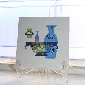 Vintage Mid Century Tile Trivet Purple Blue Green Vases