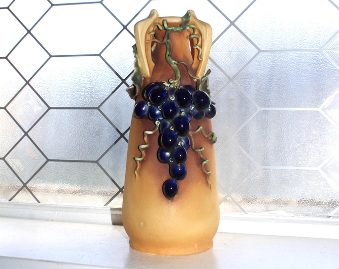 Art Nouveau Amphora Pottery Vase 4 Buttress Handles and Grapes