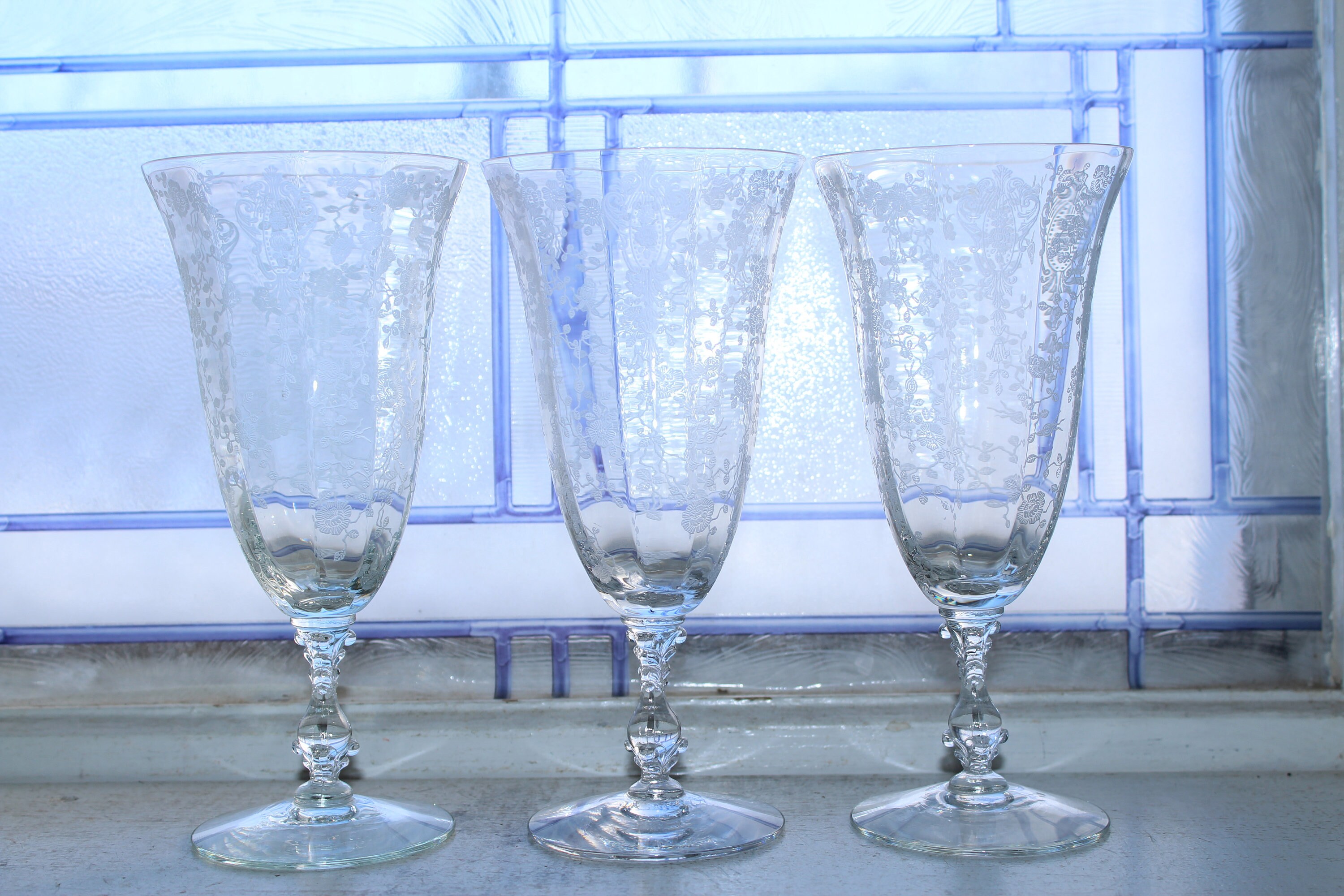 3 Cambridge Rose Point Etched Iced Tea Glasses Vintage Stemware