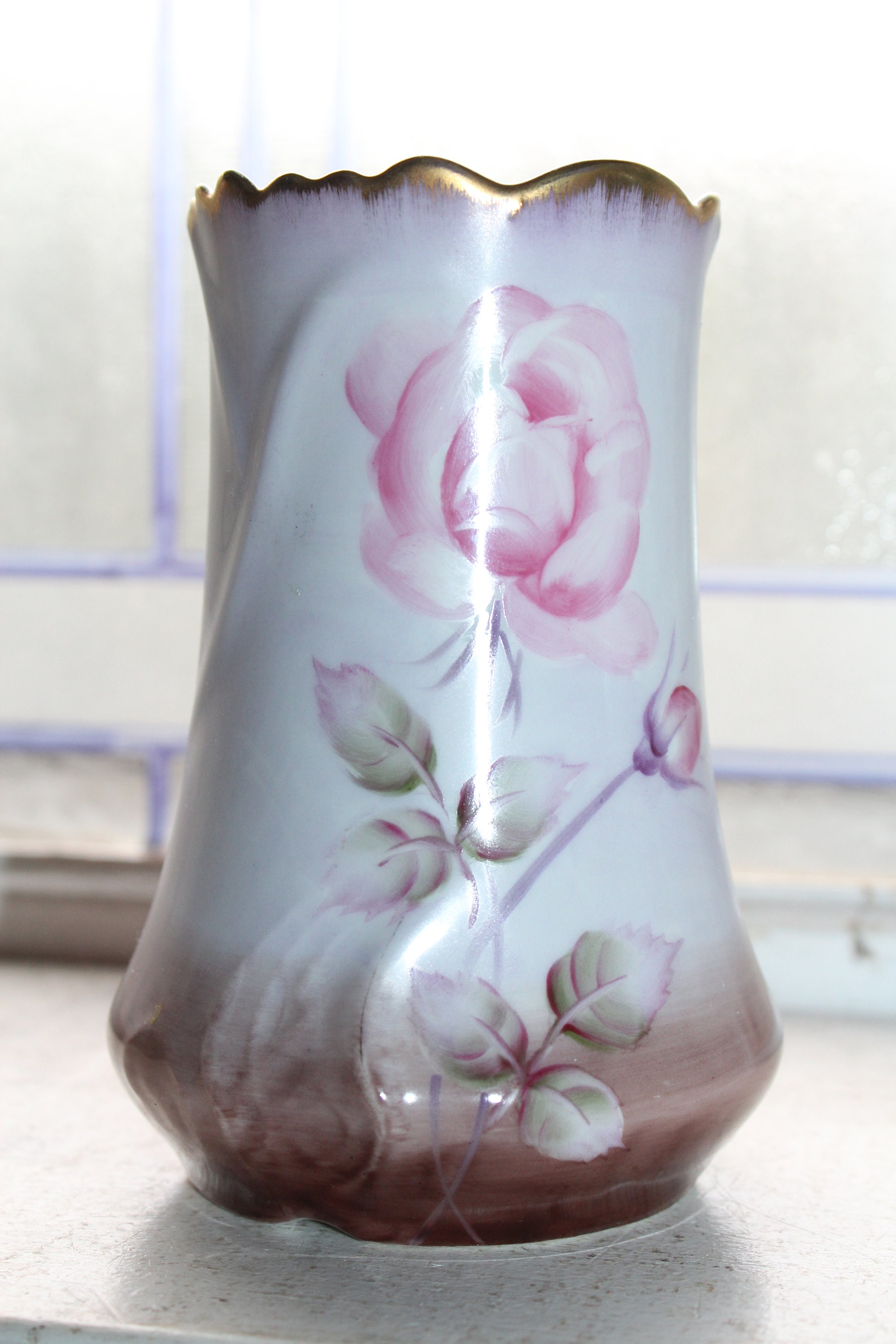 Antique 1800s Hand Painted Nippon Vase with Beautiful Pink Roses