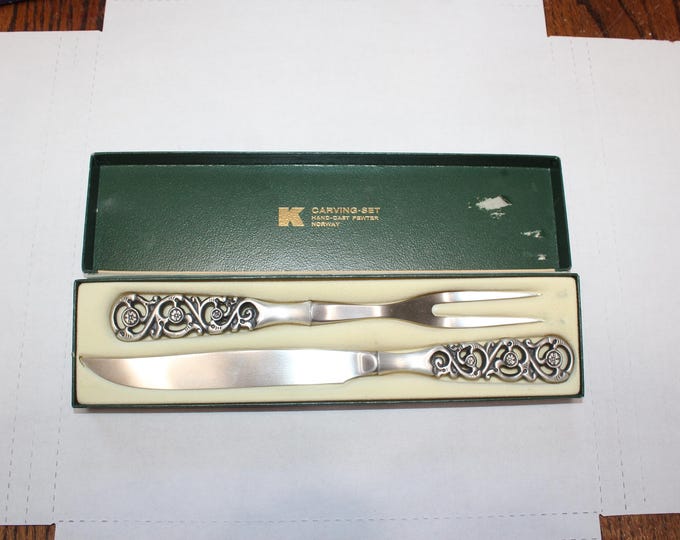 Vintage Norwegian Pewter Hardanger Carving Set Knife and Fork Konge Tinn