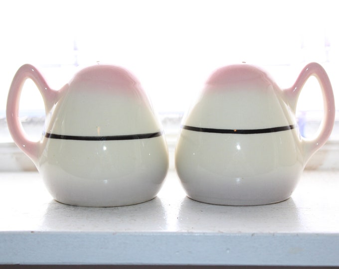 Vintage Pink White & Black Pottery Salt and Pepper Shakers