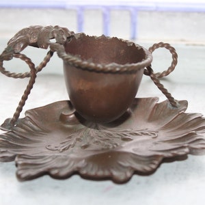Antique Figural Copper Toothpick or Match Holder Bear and Leaf