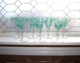 7 Aqua Margarita Glasses Seeded Bubble Glass Home Studio Shoreline Collection