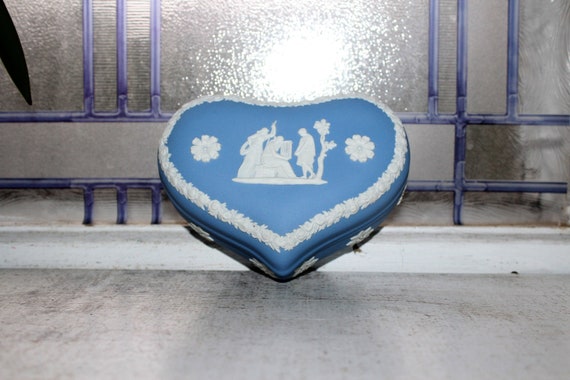 Vintage Wedgwood Heart Trinket Box Blue and White Jasperware 1960s