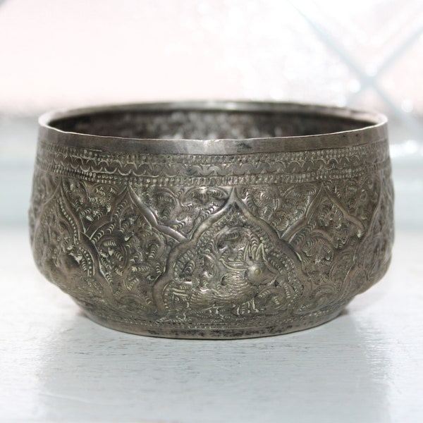 Antique Thailand Repousse Metal Offering Bowl Zodiac Animals