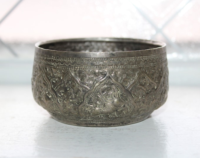 Antique Thailand Repousse Metal Offering Bowl Zodiac Animals