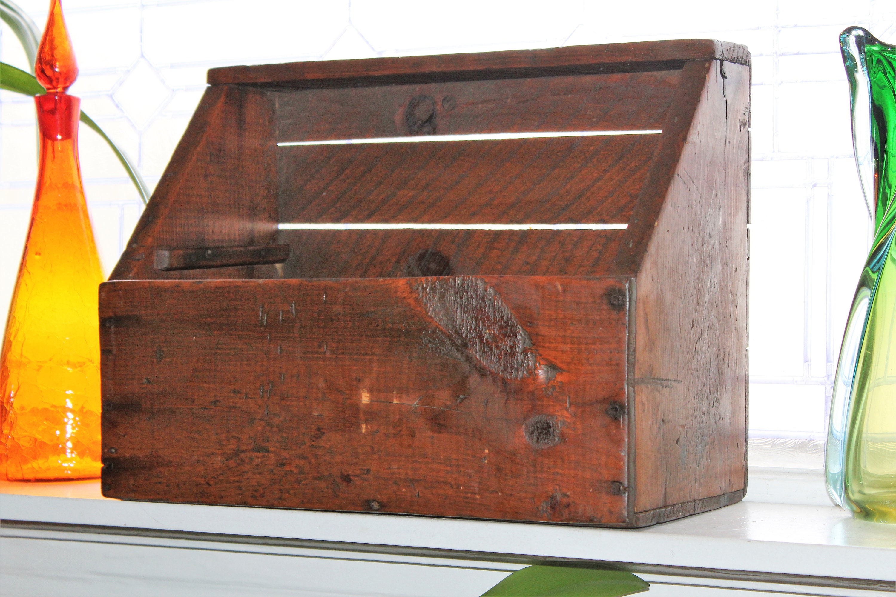 Antique Wood Box with Top Shelf Primitive Farmhouse Decor