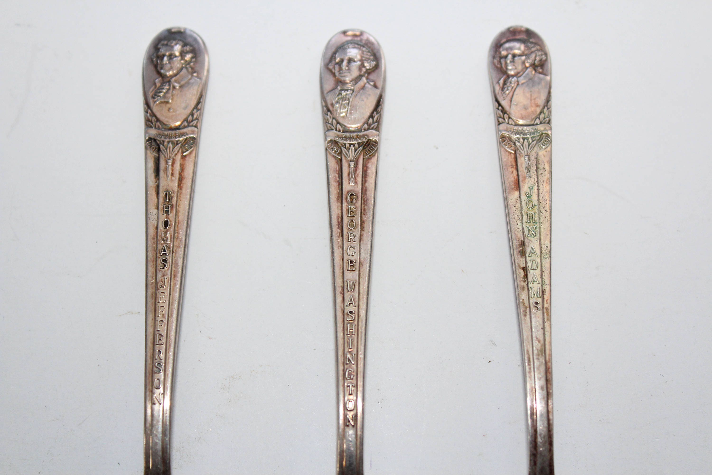 3 Presidential Silver Plate Spoons Washington Jefferson Adams Vintage