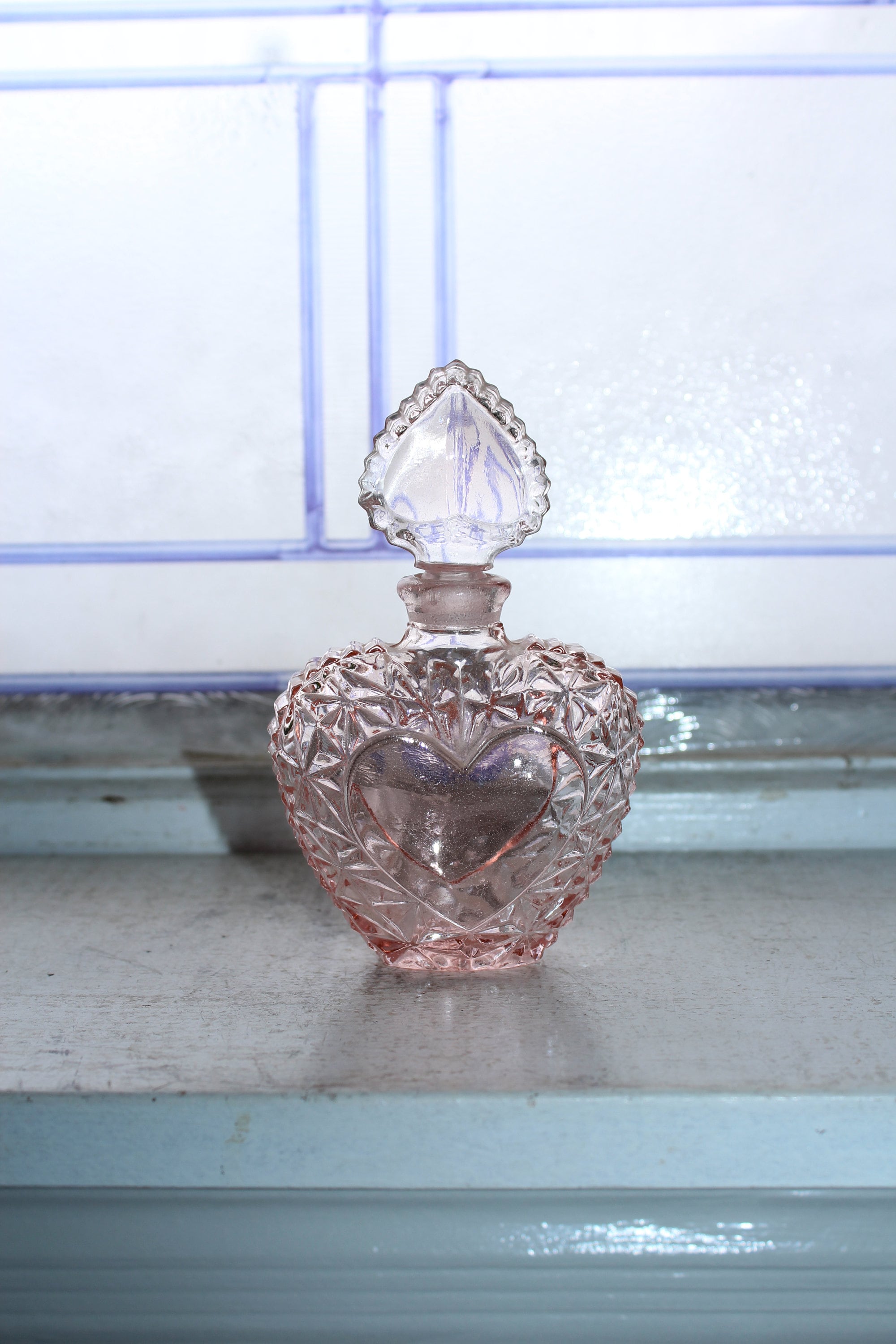 Vintage Pink Heart Glass Perfume Bottle with Heart Stopper