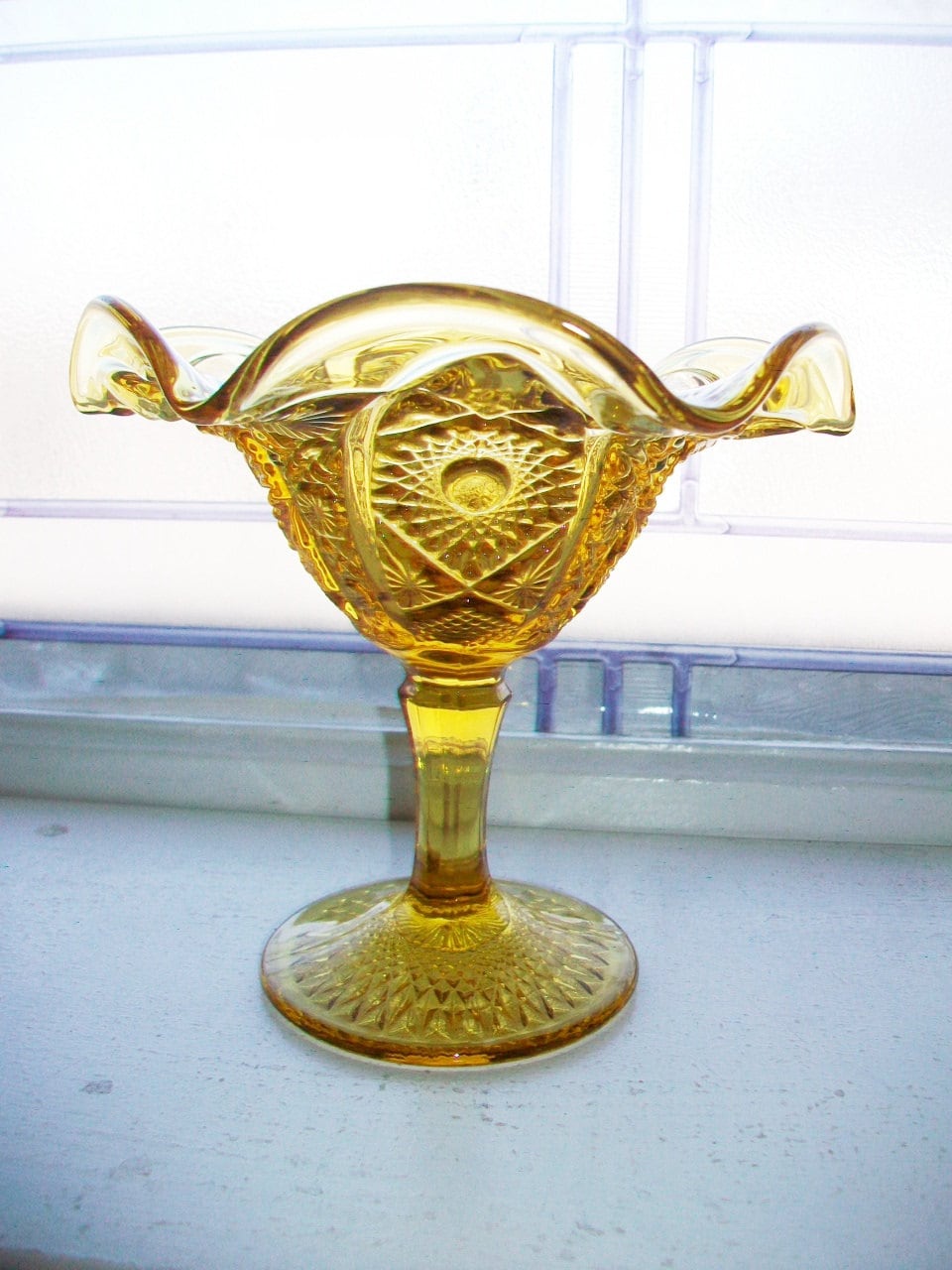 Vintage Yellow Glass Pedestal Dish Hobstar and Arches with Ruffled Edge Imperial Glass