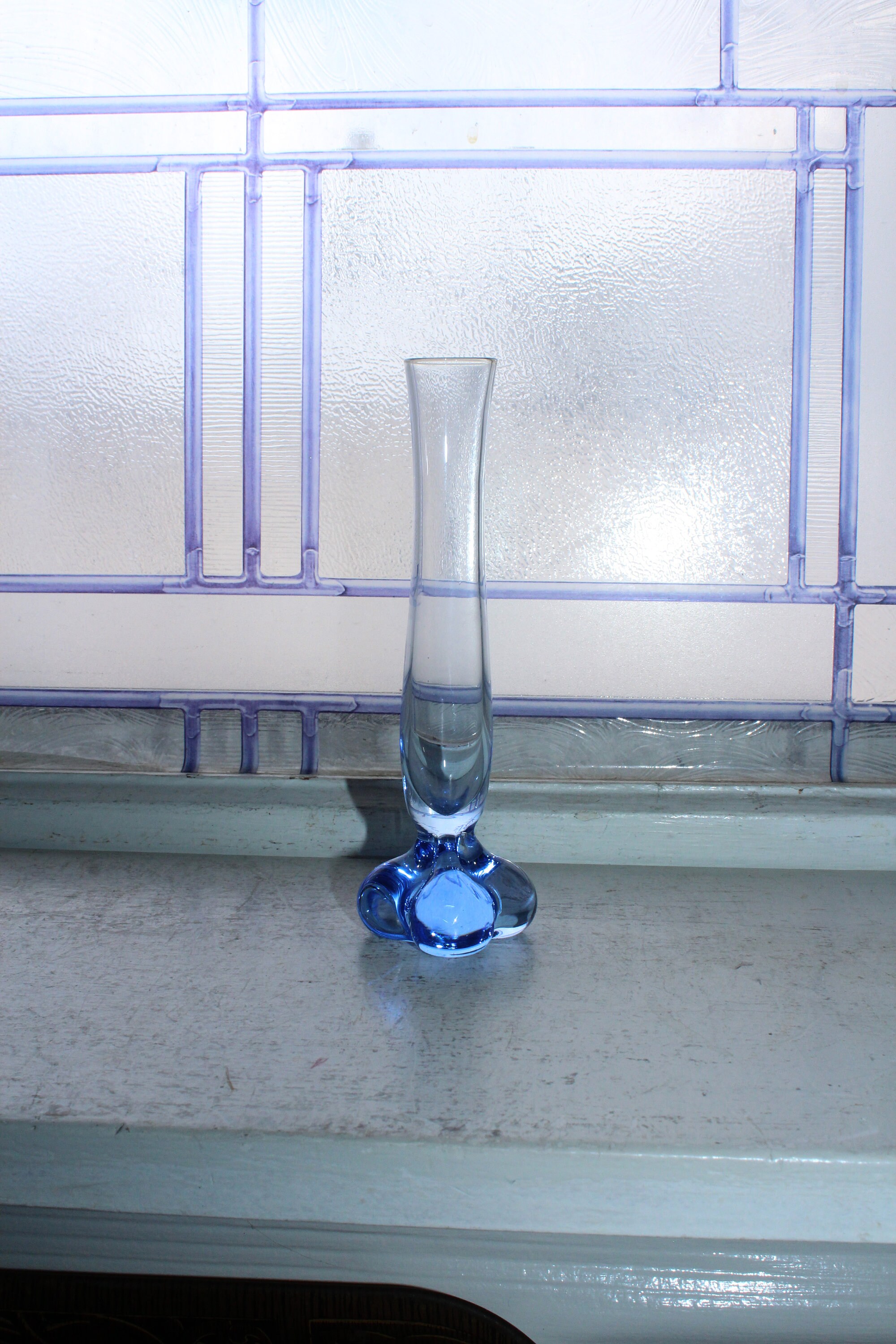 Vintage Glass Bud Vase Blue with 3 Lobe Base