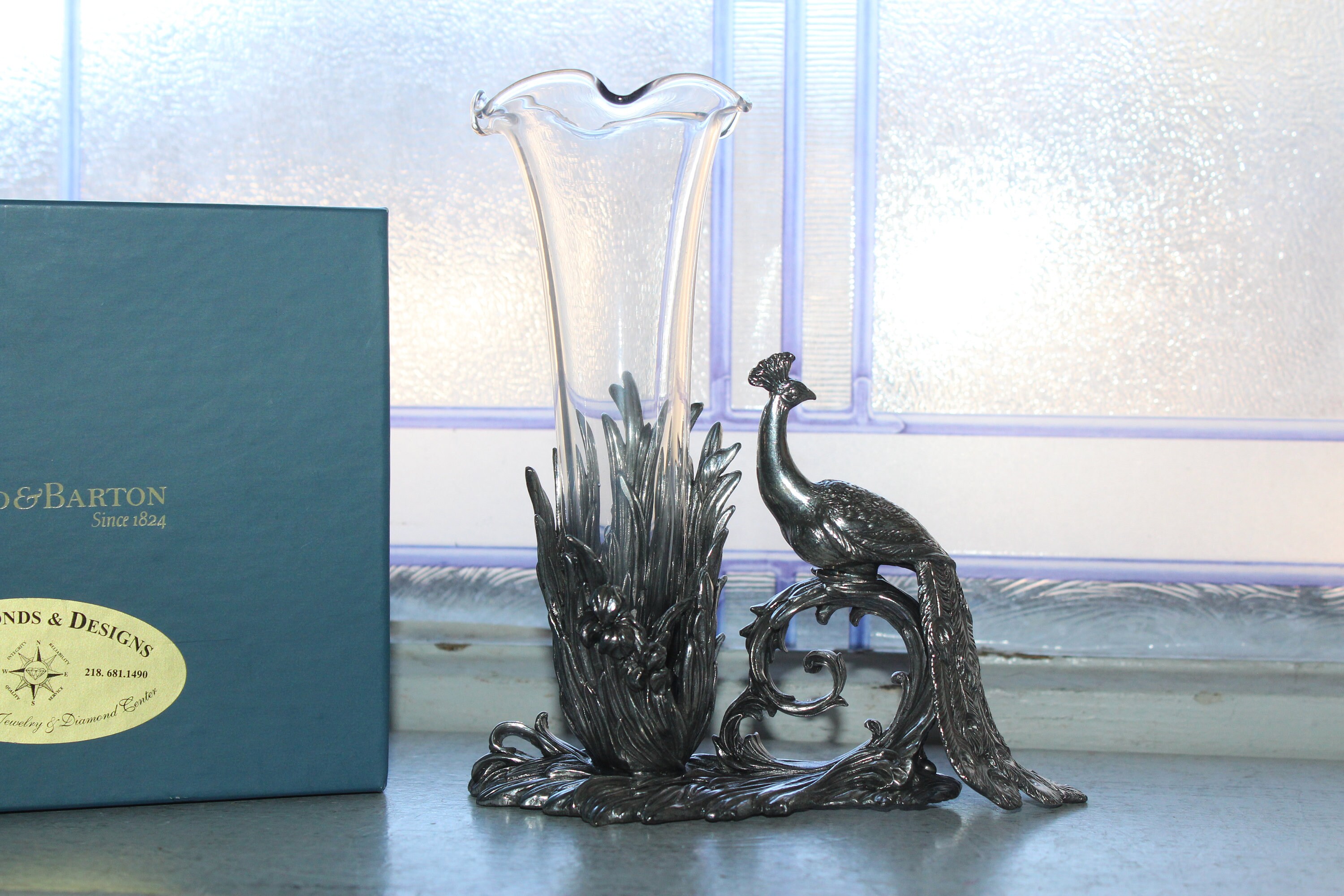 Vintage Figural Reed & Barton Peacock Vase with Original Box