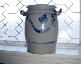 Large Antique Salt Glazed Cobalt Blue Decorated Crock with Handles
