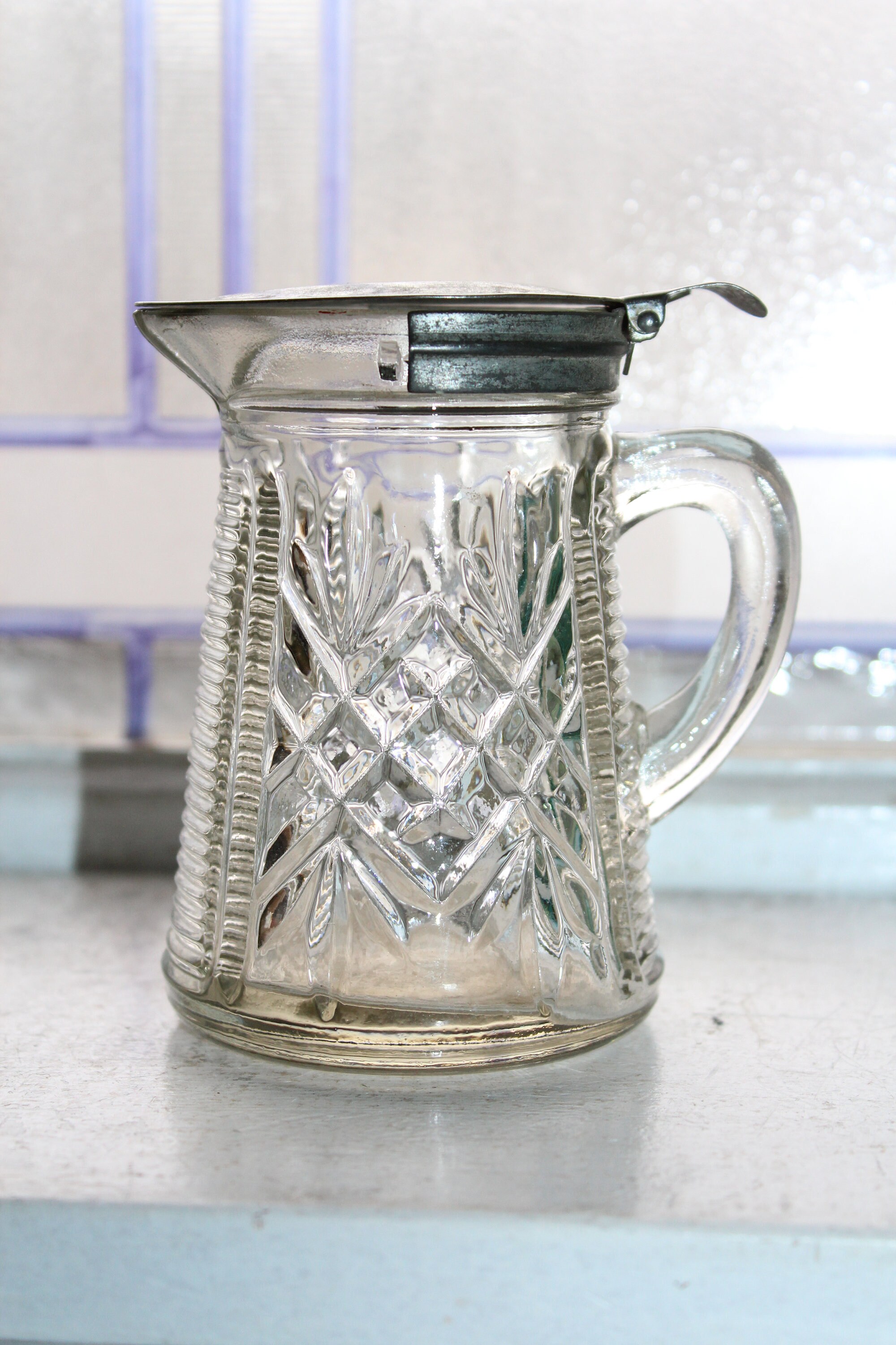 Pressed Glass Syrup Pitcher with Tin Lid Vintage Kitchen Decor Creamer
