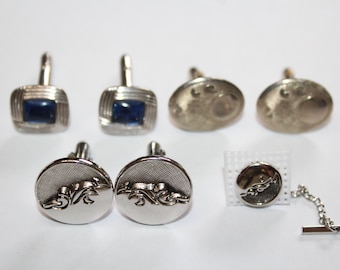3 Pair Vintage Cuff Links & Tie Tack Silver Tone