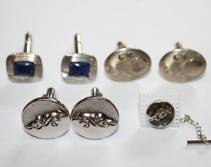 3 Pair Vintage Cuff Links & Tie Tack Silver Tone
