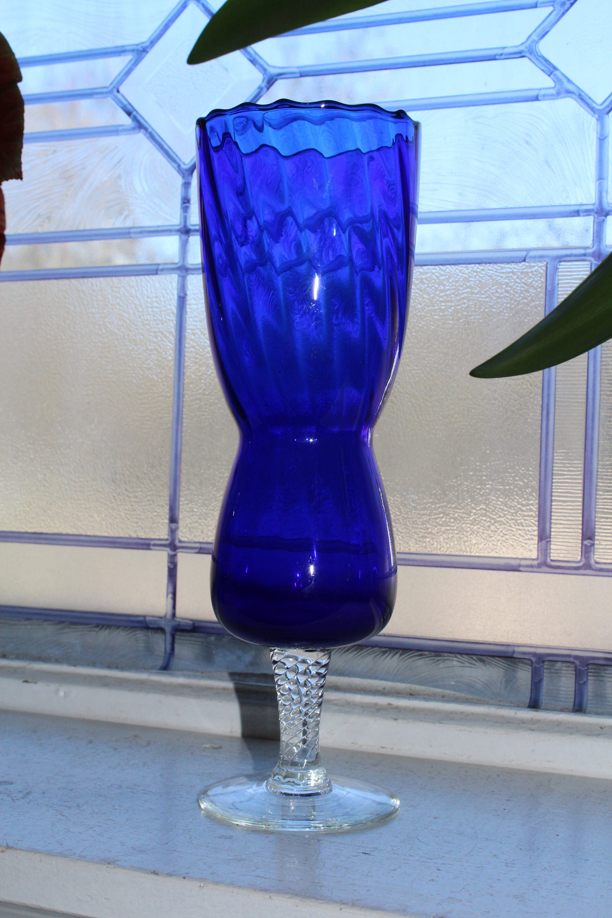 Vintage Cobalt Blue Glass Vase Spiral Design