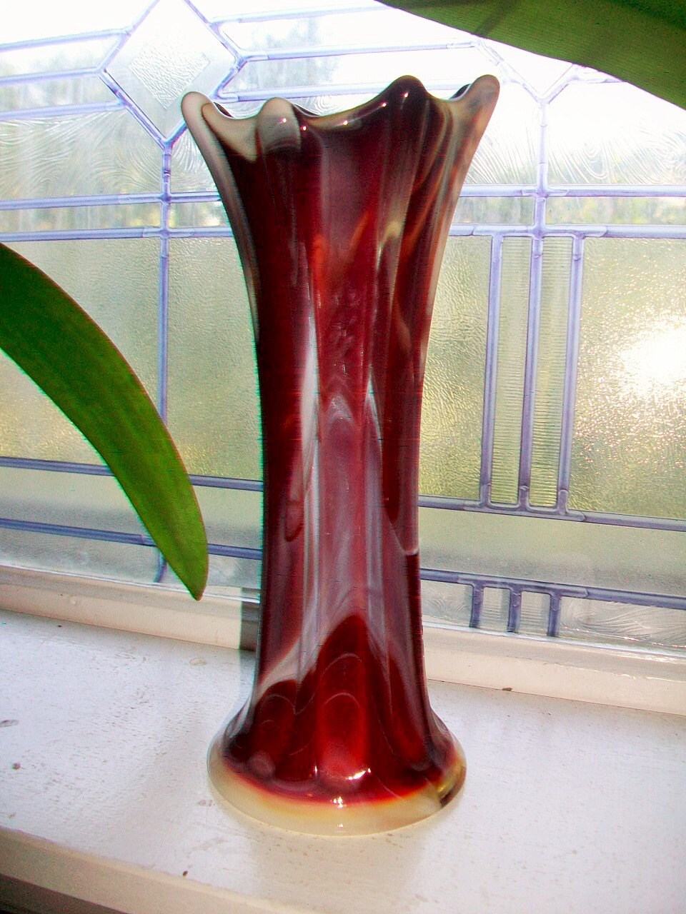 Large Red Slag Glass Vase Vintage Art Glass 10.75 Inches Ribbed