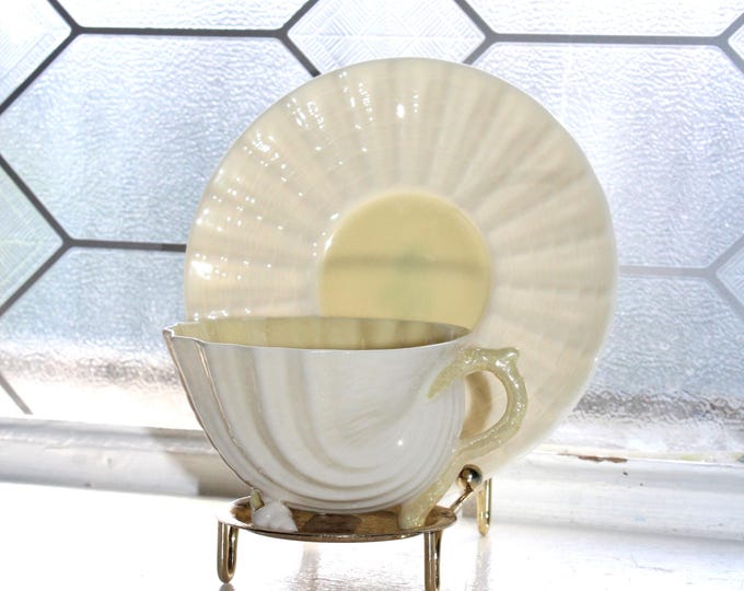 Vintage Irish Belleek Neptune Cup and Saucer 5th Green Mark