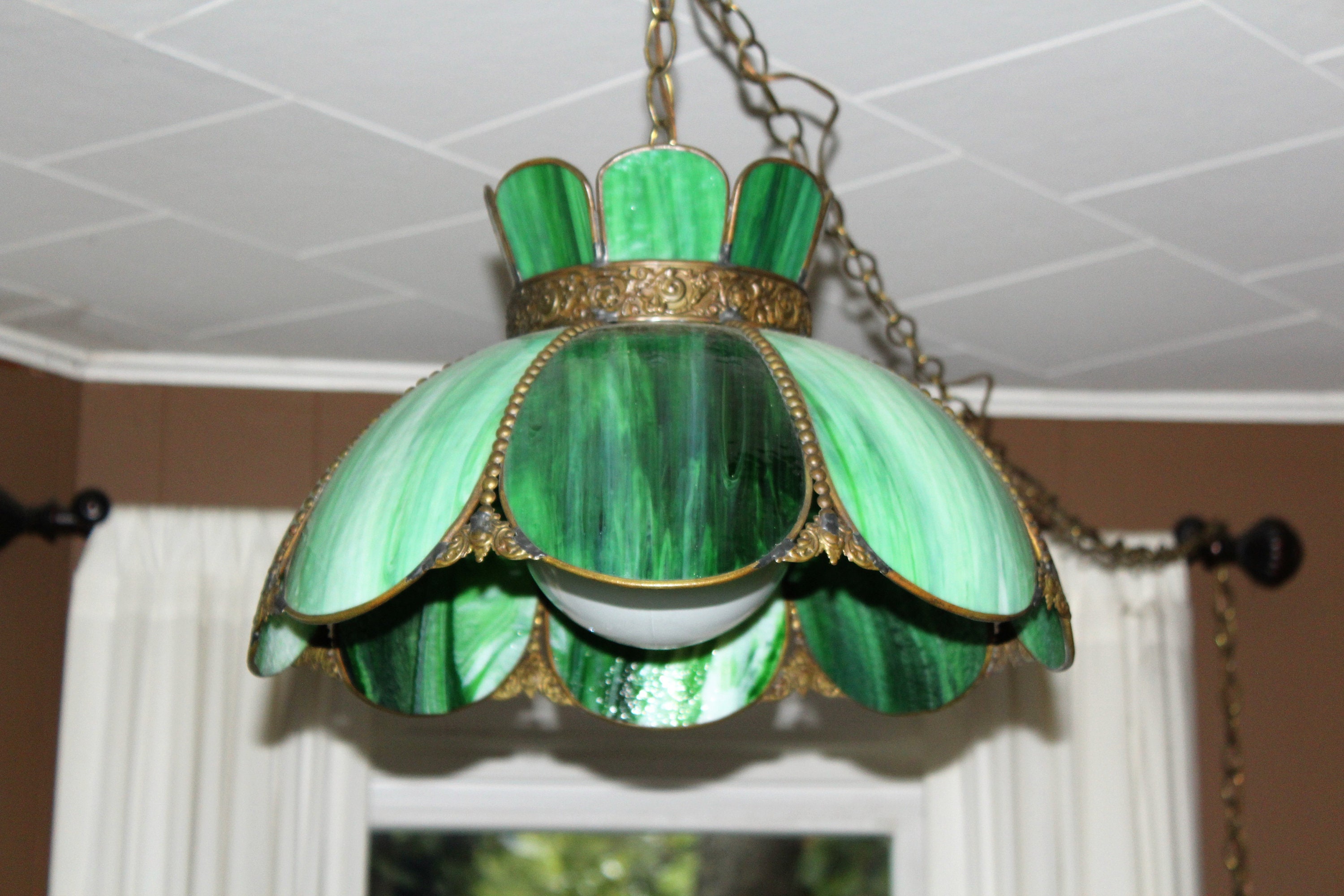 Vintage Stained Glass Hanging Lamp Retro 1970s