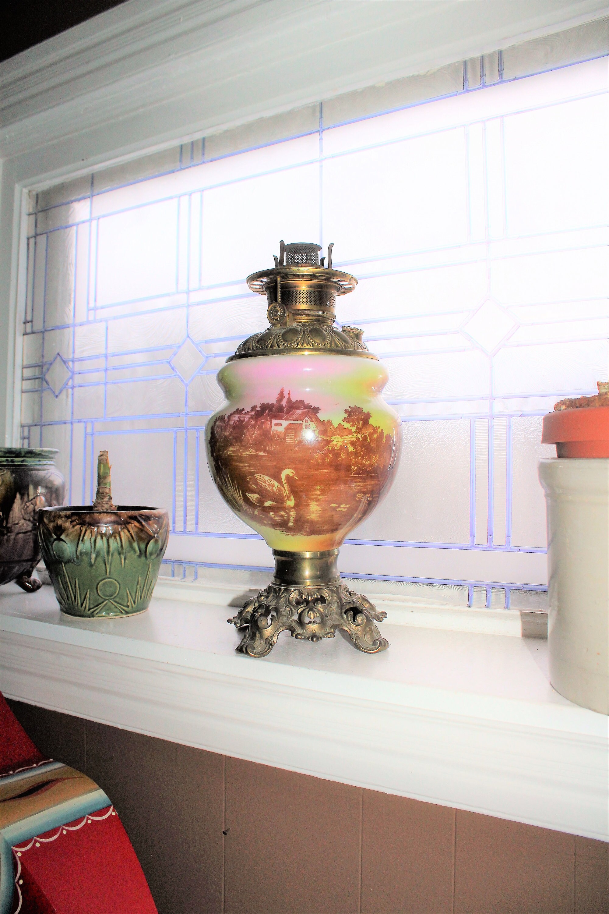 Antique Victorian Oil Lamp 1800s Glass & Brass with Country Scene